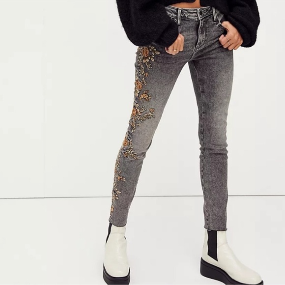 Driftwood x Free People Jackie Straight Jeans Floral Boho Embroidered - Picture 1 of 9